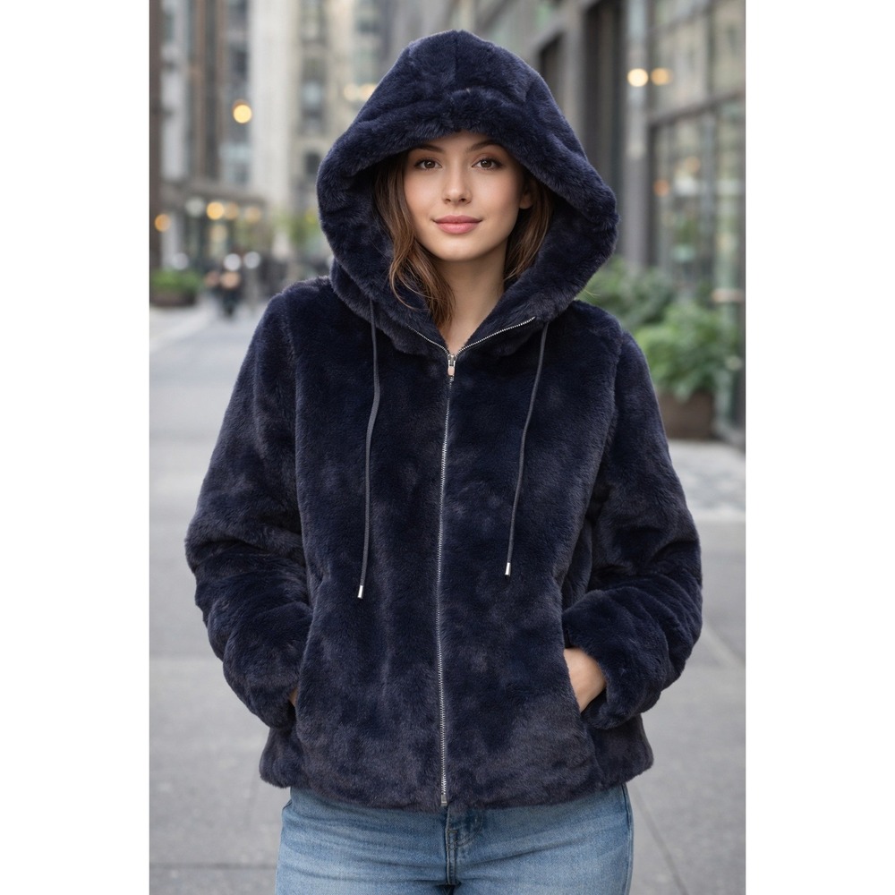Carolina Belle Navy Blue Faux Fur Hooded Jacket| Clean Girl Quiet‎ Luxury Cozy